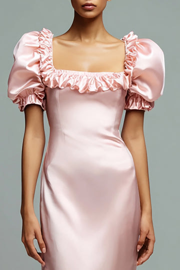 Robe longue formelle à volants en satin rose avec manches